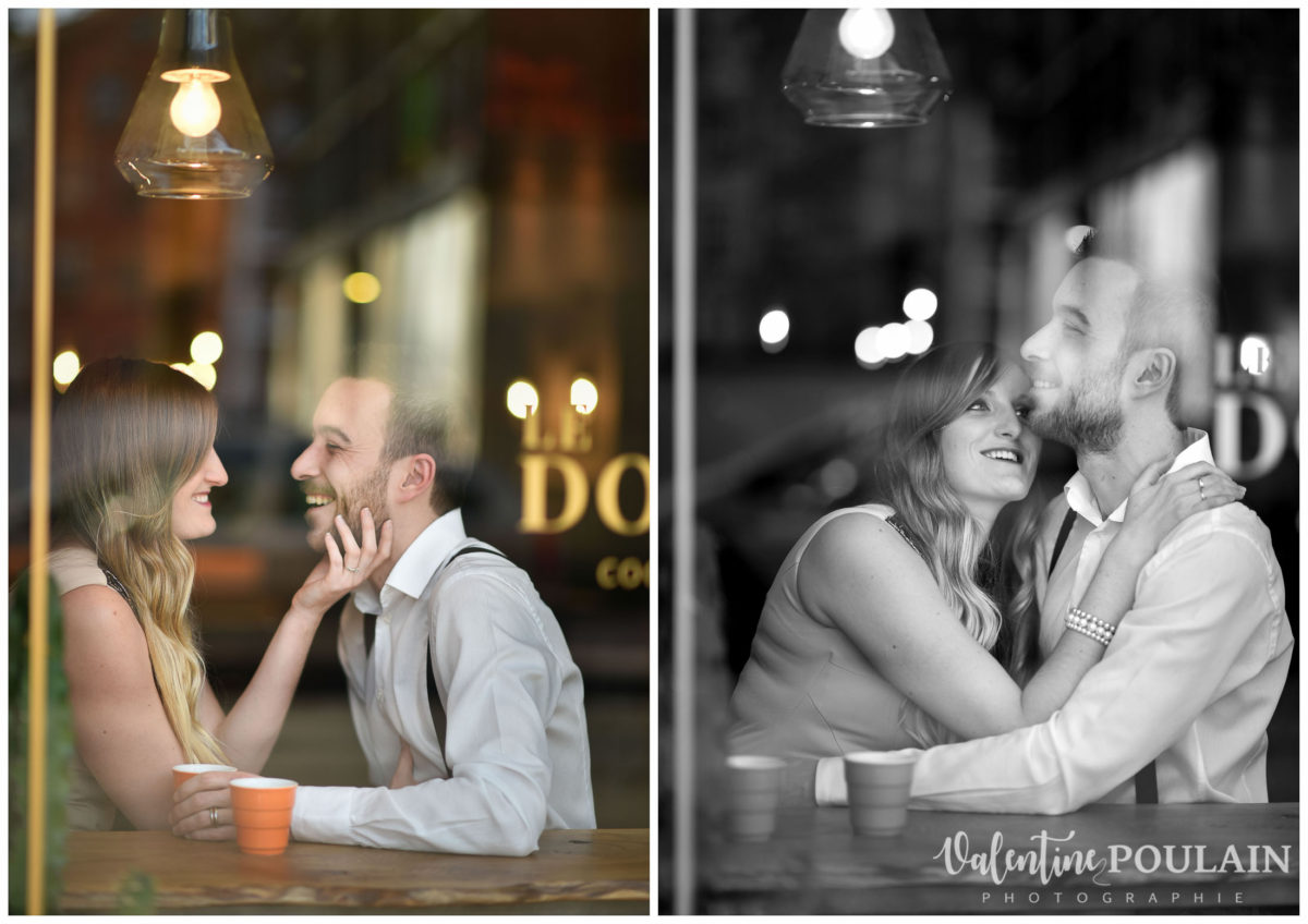 Shooting engagement demande mariage bar vitre