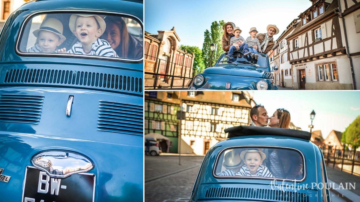 Shooting famille voiture ancienne fiat 500 fenêtre