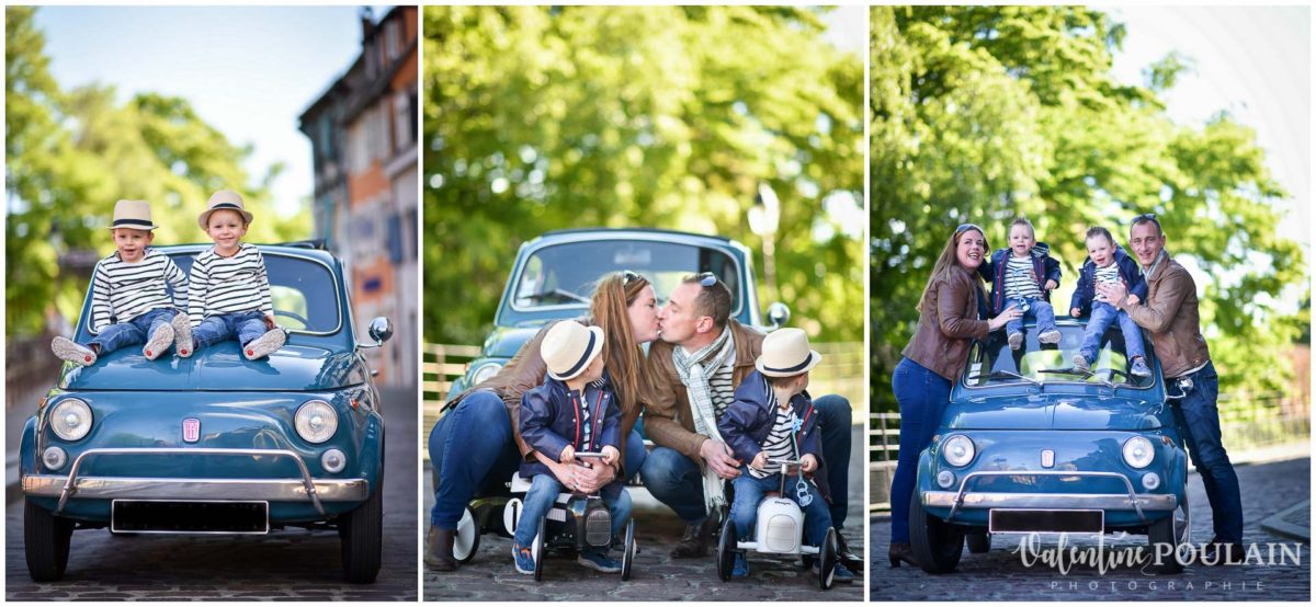 Shooting famille voiture ancienne fiat 500 triptyque
