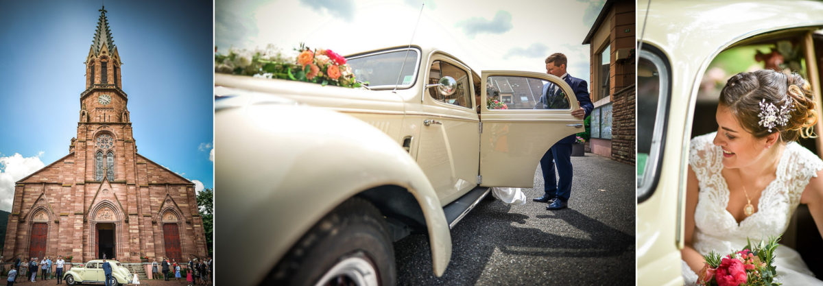 Mariage émotions Moosch arrivée voiture - Valentine Poulain